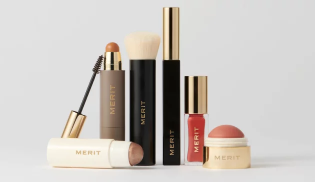 Merit Beauty's five minute morning sex laid neatly against a grey background