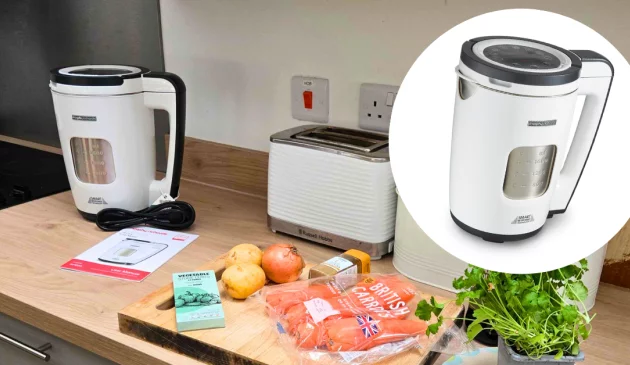 Complete soup making setup on kitchen counter with Morphy Richards maker, Russell Hobbs toaster, and prepared recipe ingredients