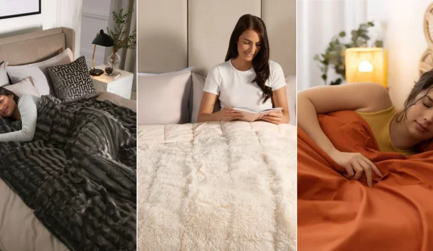 A grid view of three women under different weighted blankets from OHS, Karmara and Next