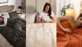 A grid view of three women under different weighted blankets from OHS, Karmara and Next
