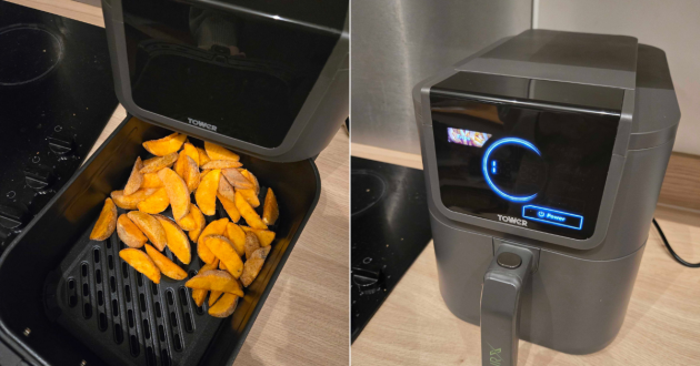 Potato wedges cooking inside the Tower AirX AI 5L air fryer basket during testing.