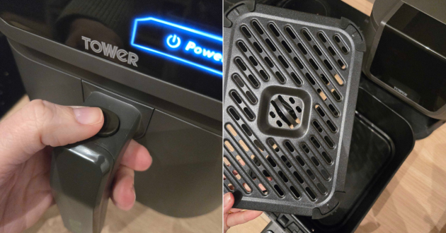 Close-up of the Tower AirX AI 5L air fryer drawer handle showing the safety latch button.