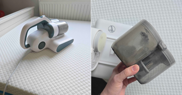 A hand holds the bin from the Hoover HMC5 vacuum cleaner