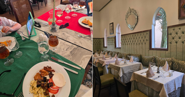 Two photographs showing a plate of buffet food and a Moroccan-style restaurant with laid tables and cushioned seating
