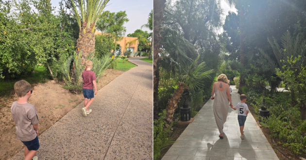 Two photographs showing a family walking along paths through the hotel’s palm-filled gardens