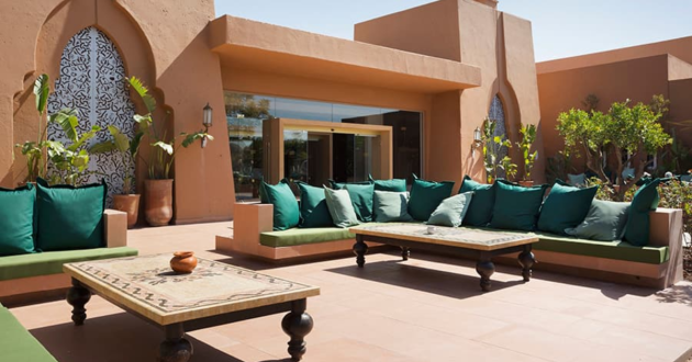 Sunny hotel terrace with green cushioned sofas, tiled tables, potted plants and Moroccan-style arched panels
