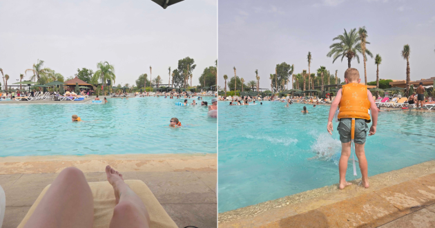 Two photographs showing the busy main pool, including a child in an orange life jacket standing at the water’s edge