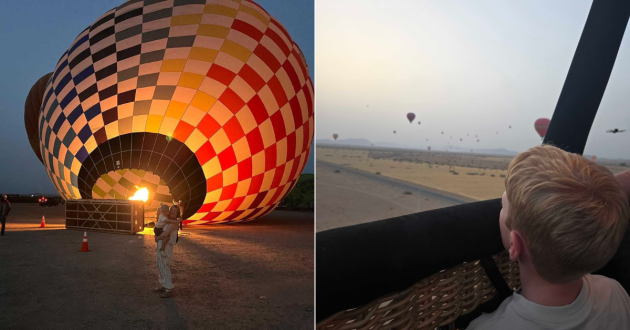 Two photographs showing a chequered hot-air balloon being inflated and a child watching other balloons from a basket
