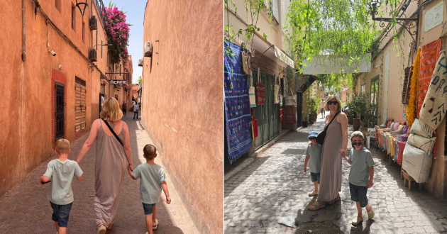 Two photographs of a woman and two children walking through narrow streets lined with terracotta walls, rugs and shops.