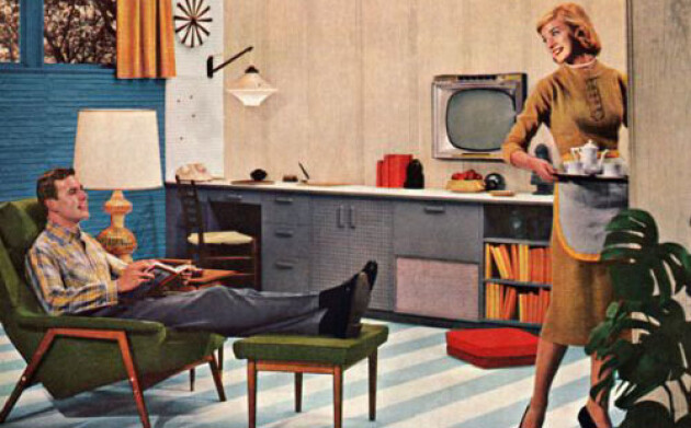 vintage housewife talks to husband