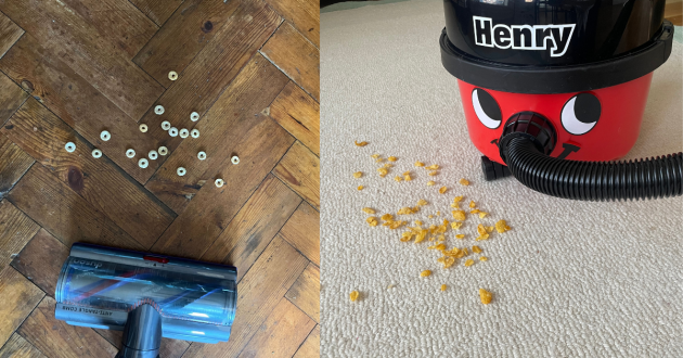 Dyson V15 Detect and Henry Hoover tackling cereal spills in testing