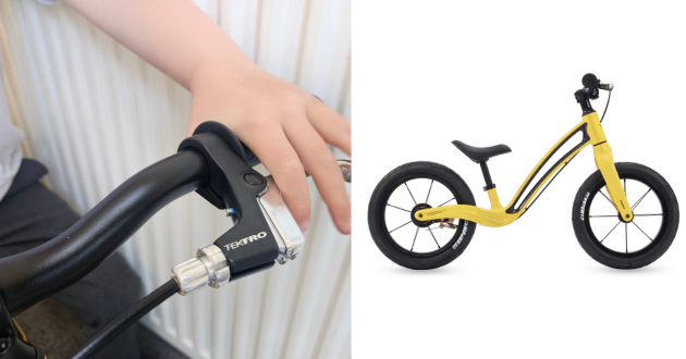 child testing brakes on Hornit AIRO 14 inch