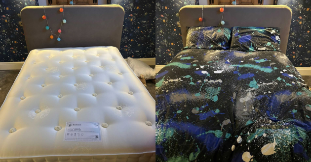 Hypnos Ortho Wool mattress without bedding and with paint splatter bedding