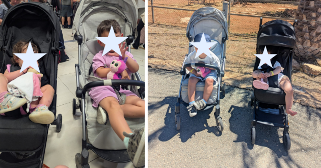 Children in two buggies on holiday