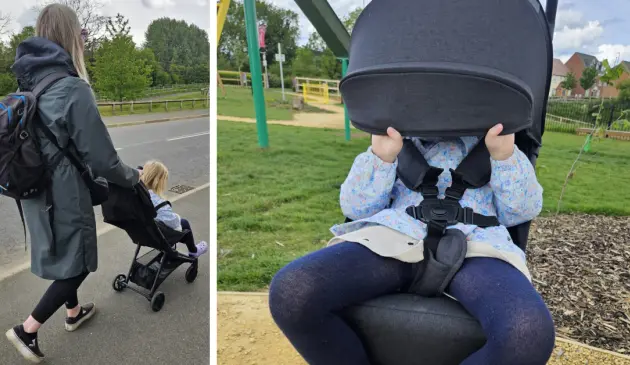 Mum pushing child in Ickle Bubba Pisces stroller