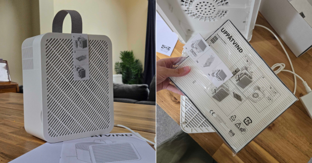Side by side of the IKEA UPPATVIND air purifier after unboxing