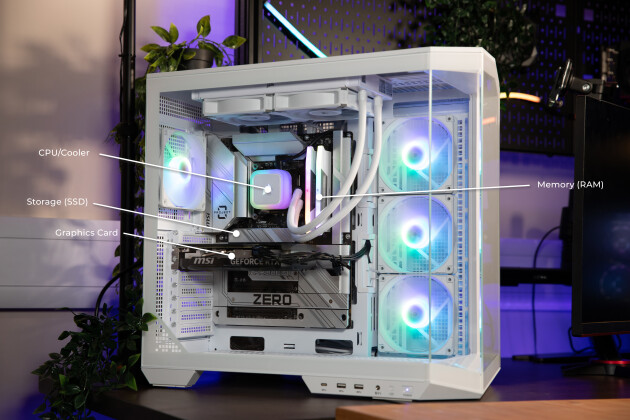 Inside a custom-built PC that shows the parts needed