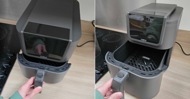 Tower AirX AI 5L air fryer with the drawer pulled open, showing the interior basket.