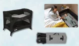 Joie kubbie travel cot review main image featuring constructed travel cot, folded up and in use
