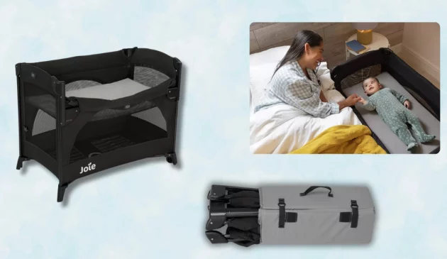 Joie kubbie travel cot review main image featuring constructed travel cot, folded up and in use
