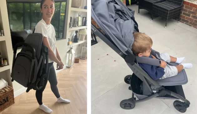 Mum holding the Joolz Aer 2 stroller with son in stroller
