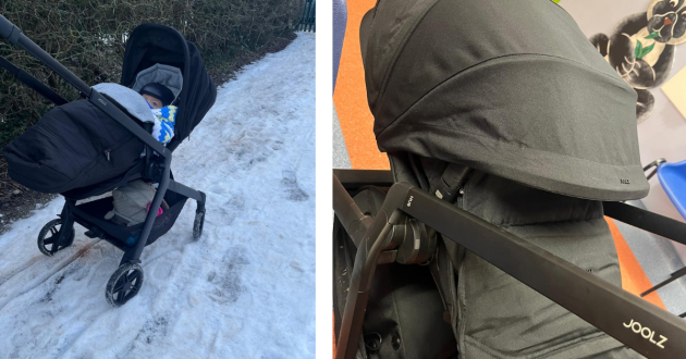 Joolz Hub 2 in the snow and sun canopy