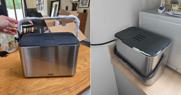 The Joseph Joseph food caddy unboxed and next to a microwave