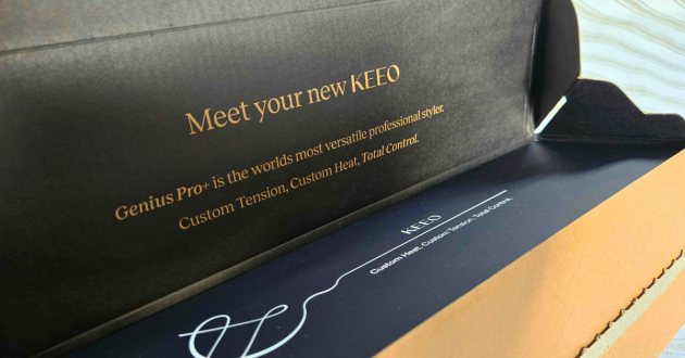 Inside the KEEO packaging of the Genius Pro+ hair straighteners