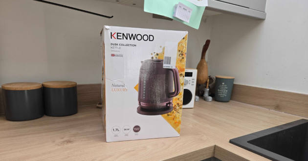 The packaging of the Kenwood Dusk Colletion kettle in a tester's kitchen