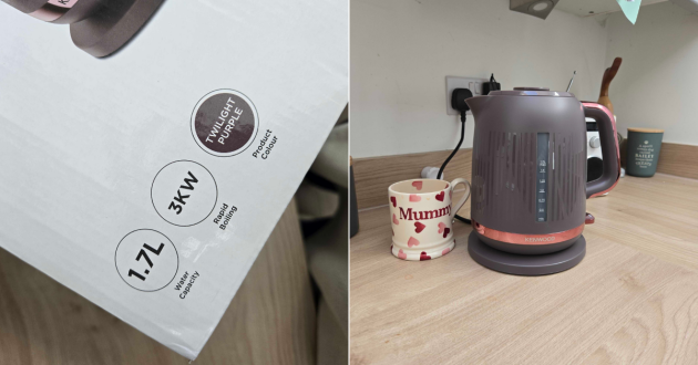 A close up of the key specs of the Kenwood Dusk kettle, next to a picture of it on a kitchen worktop