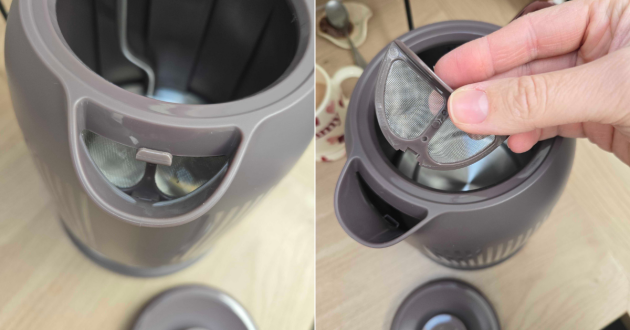 A hand showing the removable limescale filter from the Kenwood Dusk kettle spout