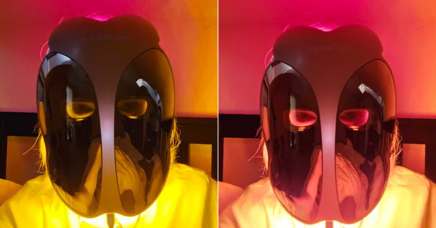 Tester Rebecca wears the KESKINE LED face mask with Brightening and Smoothing settings
