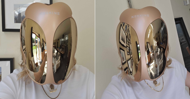 Tester Rebecca wears the KESKINE LED face mask