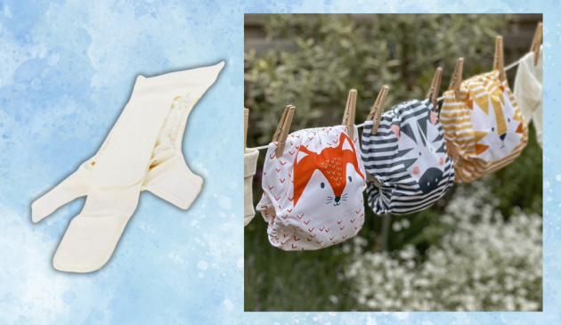 Kit & Kin reusable nappies on a washing line and unfolded