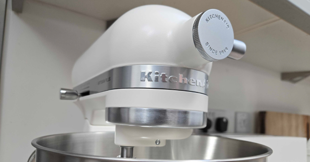 A close up of the KitchenAid Artisan Plus stand mixer