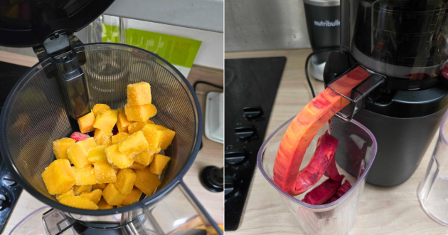 A view of frozen mango and berries inside the Kuvings Auto6 hopper that creates sorbet