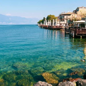 A view of the water's edge at Gardone Riviera on Lake Garda in Italy
