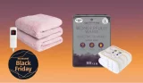 An electric blanket and a heated throw, with Mumsnet's Black Friday deals badge