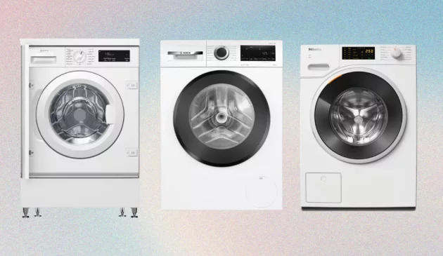 Three quiet washing machines on a pale blue background