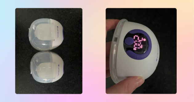 Lansinoh wearable pump review real images of the pump in testing showing LED display and pump cups alone