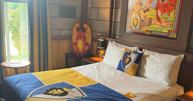 A bed in the Knight's Room at the Castle Hotel