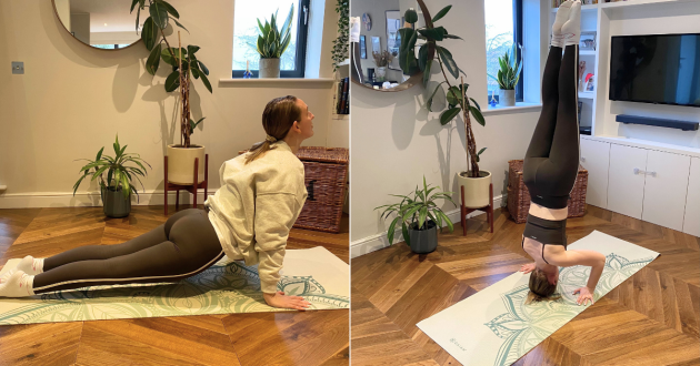 A grid of two pictures of Lizzie Fuller practicing yoga on her GAIAM mat