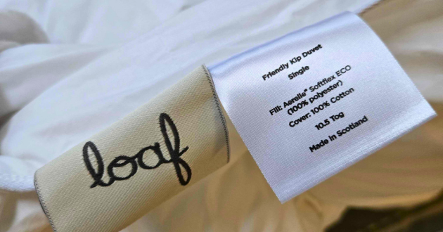 A close up of the label of the Loaf Friendly Kip single duvet