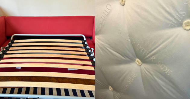 Split image showing the sofa bed’s wooden slats and tufted mattress fabric