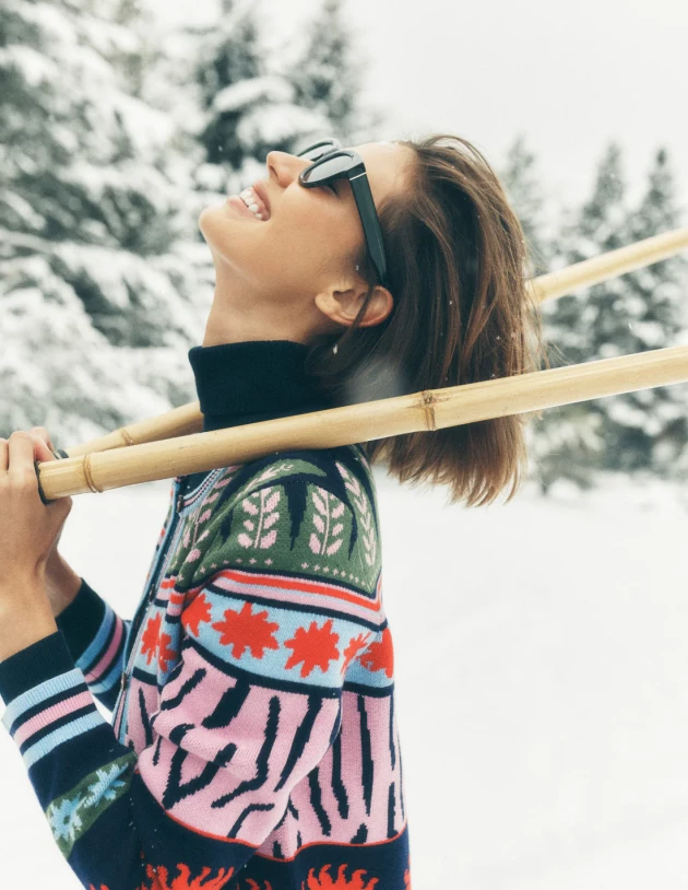 A model wears Boden's Long Jacquard Cardigan