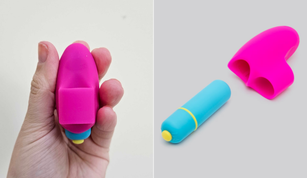 Side by side pictures of the Lovehoney Excite 10 Function Finger Vibrator on the left being held and on the right dismantled