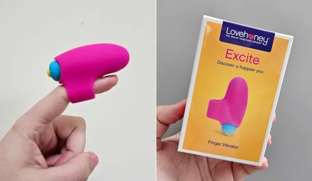 A product grid of the Lovehoney Excite 10 Function Finger Vibrator being held and in its box