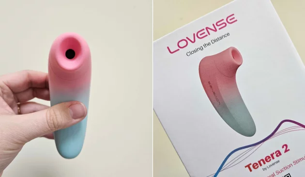 A picture grid of the Lovense Tenera 2 being held by a hand next to a picture of its box