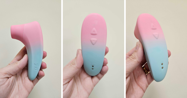 Different views of the Lovense Tenera 2 vibrator held by a hand