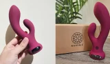 A side by side picture of a hand holding the Lovehoney Mantric rabbit vibrator next to the vibrator and its box on a table